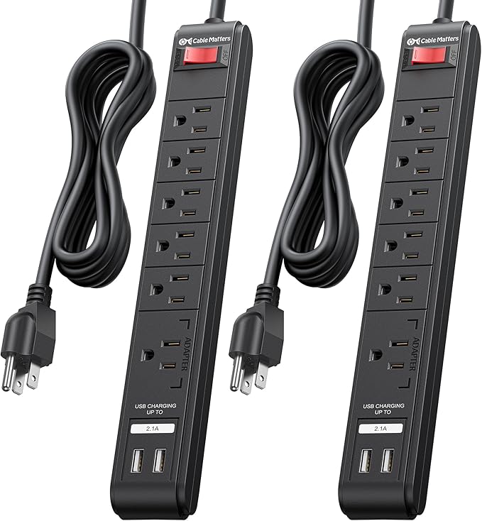 [ETL Listed] Cable Matters 2-Pack 6-Outlet Surge Protector Power Strip with USB Ports - 8ft, Long Extension Cord, Surge Protector with USB Ports, Black