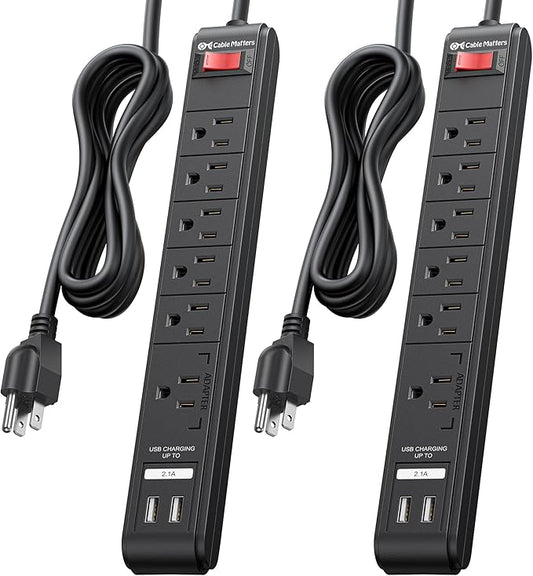 [ETL Listed] Cable Matters 2-Pack 6-Outlet Surge Protector Power Strip with USB Ports - 8ft, Long Extension Cord, Surge Protector with USB Ports, Black