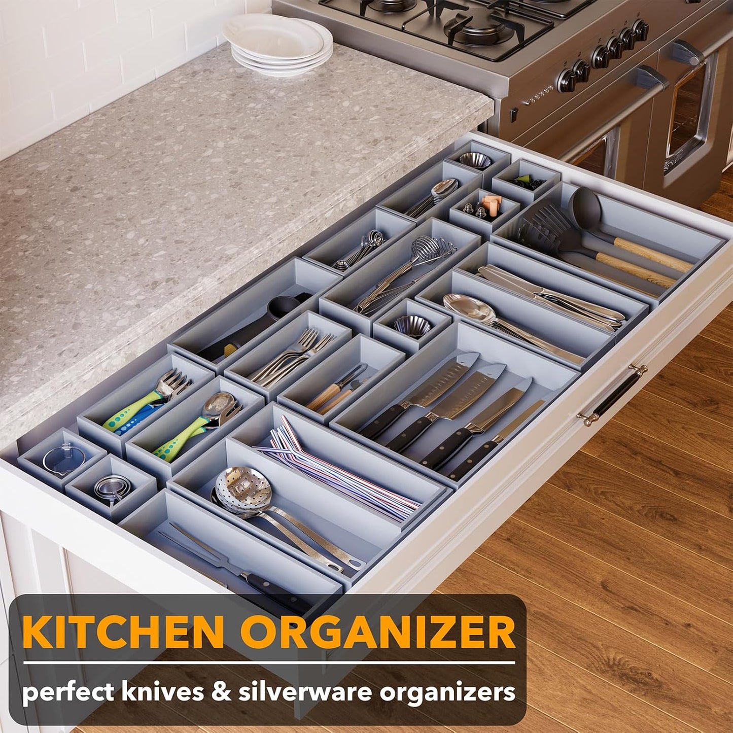 SpaceAid 21-Piece Bamboo Drawer Organizer Storage Boxes Set, Wood Tray Junk Drawer Organizers Multi-Use Divider Bins for Kitchen, Bathroom, Office Desk and Makeup Organization (21 Pack, Gray)