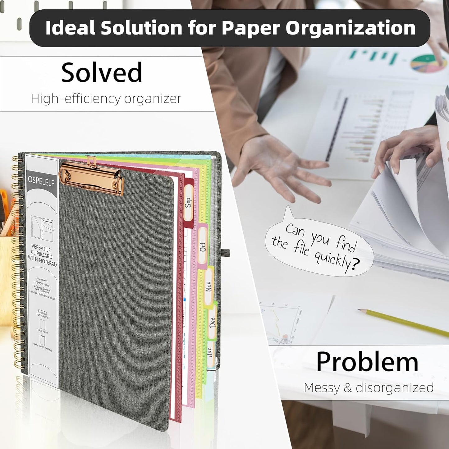 Ospelelf Foldable Spiral Clipboard Folio with Storage Zipper Pouch, 5 Plastic Folders with 10 Pockets,Refillable Lined Notepad (11" x 8.5"), Hardcover Project Organizer with 39 Stickers (Dark Grey)
