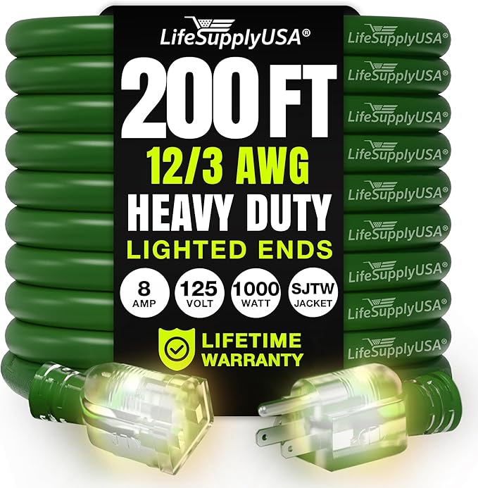 200ft Outdoor/Indoor Extension Cord 12/3 Gauge Extra Heavy Duty 3 Prong SJTW, Waterproof, Flexible Cold-Resistant Long Power Cord,8A 125V 1000W, Green by LifeSupplyUSA