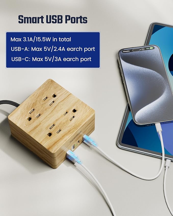 USB Power Strip Surge Protector - SUPERDANNY Desktop Extension Cord with 4 Widely Spaced Outlets & 4 Smart USB Ports, Portable Charging Station for Home, Office, Hotel, Dorm, RV, Faux Wood Grain