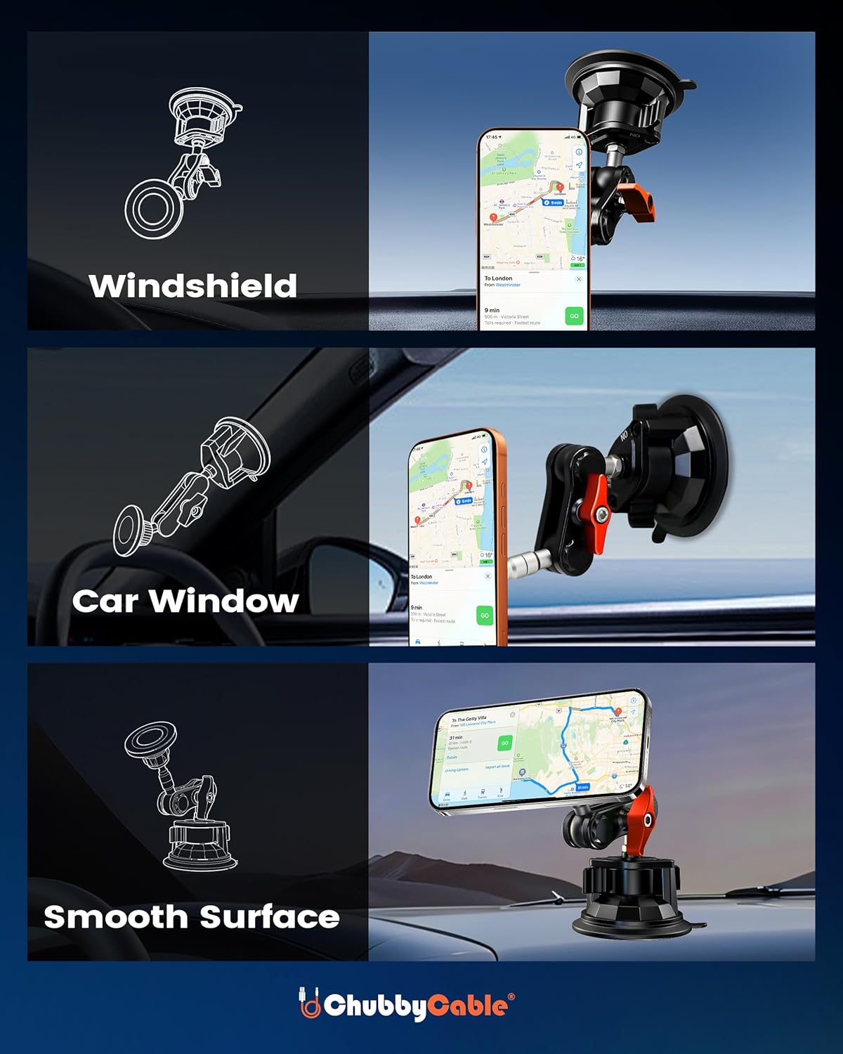 chubbycable ChubbyGrip Pro Dash Mount Vacuum Magnetic Phone Holders for Your Car 360° Rotation Suction Cup Phone Mount for Windshield, Magnetic, Orange