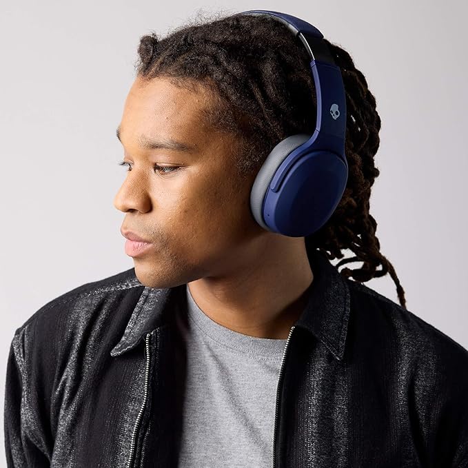 Skullcandy Crusher Evo Wireless Bluetooth Headphones with Multi-Sensory Bass, Noise Isolating Over-Ear Fit, Up to 40 Hours Battery, Microphone for iPhone Android - Blue/Grey