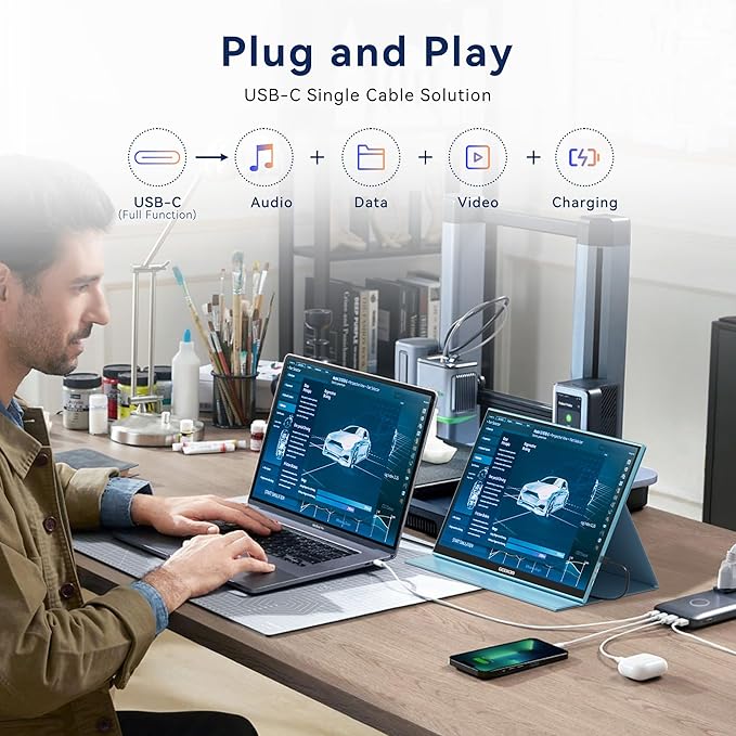 GEEKOM Portable Monitor（2025）, 16'' 1200P FHD Laptop Monitor USB C HDMI Computer Display HDR Eye Care External Screen w/Smart Cover for PC Mac Laptop Phone