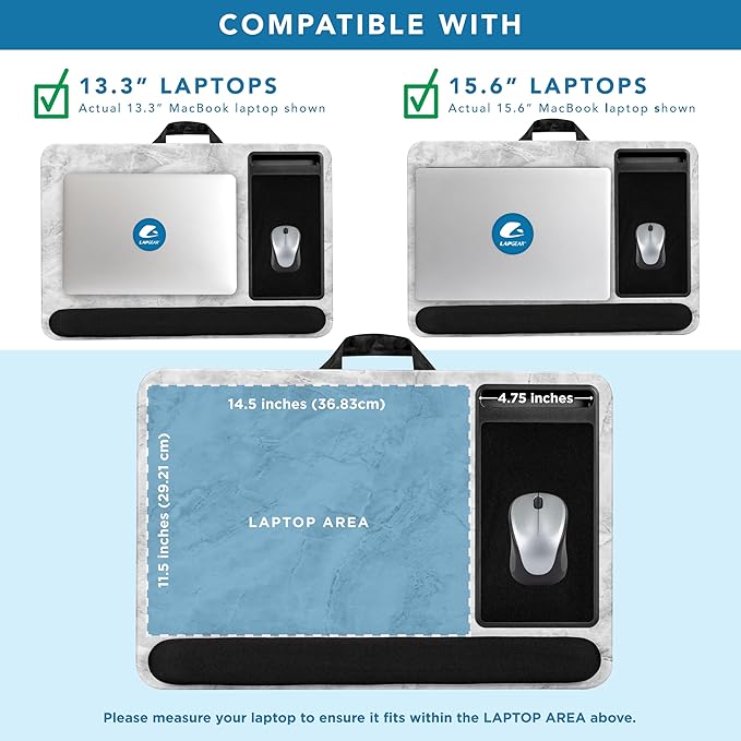 LAPGEAR Home Office Pro Lap Desk with Wrist Rest, Mouse Pad, and Phone Holder - White Marble - Fits up to 15.6 Inch Laptops - Style No. 91591