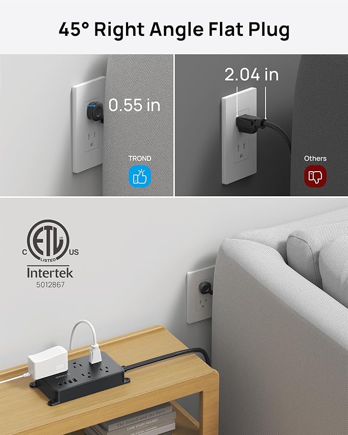 TROND Power Strip Surge Protector, 5 Widely-Spaced Outlets with 2 USB A and 2 USB C, ETL Listed, Wall Mountable, Flat Plug 5ft Extension Cord, 1300J, 14AWG Heavy Duty, for Office Kitchen, Black