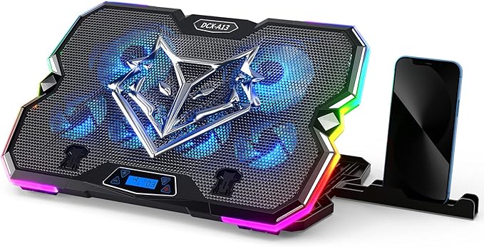 KeiBn Upgrade Laptop Cooling Pad A13,RGB Lights Laptop Cooler 6 Fans for up to 15.6 Inch Laptops,10 Modes Light, 7 Height Stands, 2 USB Ports - Blue