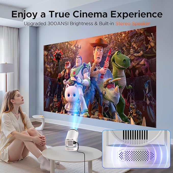 Mini Projector with WiFi and Bluetooth, 4K Support Portable Projector with 5w Soundbase Speaker, 300 ANSI, 220° Rotation , Android 11, Auto Keystone Video Projector, Compatible with HDMI, USB, Phone