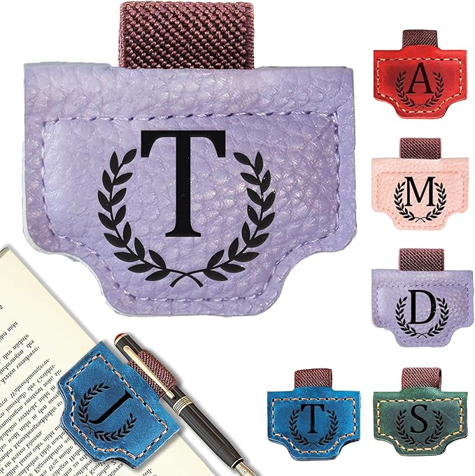 Personalized Bygone Mark Bookmark with Pen Holder, Leather Magnetic Bookmark 26 Letters Name Initial Bookmarks for Readers, Book Lover Gifts for Women Men Notebook Accessories (Purple, T)