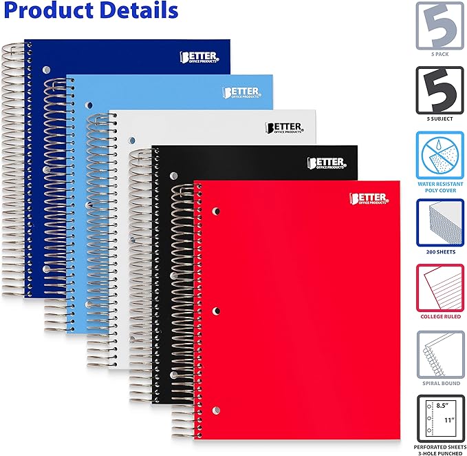 Better Office Products 5-Subject Spiral Notebook, 5 Pack, Assorted Color Poly Covers, College Rule, 200 Sheet Notebook with 4 Two-Sided Pocket Dividers, 11 x 8.5 inches