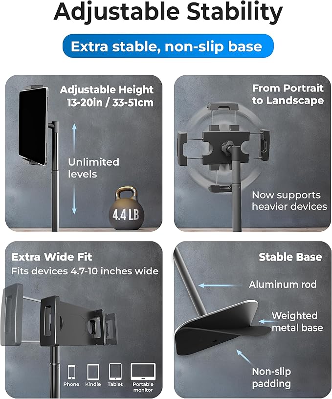 COOPER TabStand, 20" Tall iPad Stand for Desk, Portable Monitor Holder up to 17" Holds 4.4lb, Desktop Tablet Stand, Tablet Mount, Apple iPad Holder for Desk, for Samsung, Kindle, Fire (Night Black)