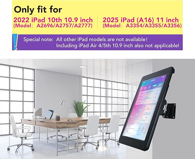 on Wall Mount Bracket for 2025 iPad 11"(A16) 11th/ 2022 iPad 10.9" 10th Gen.,Excluding Other 10.9"/11",with Anti Theft Lock & Key,Rotate Arbitrary Adjustment Angle,Metal(Black)