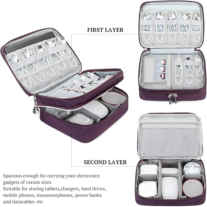 MIRLEWAIY Travel Charger Cable Organizer Portable Electronics Accessories Carrying Bag Waterproof Cord Storage Case Double Layer for Hard Drives, Phone, USB, SD Card, Black