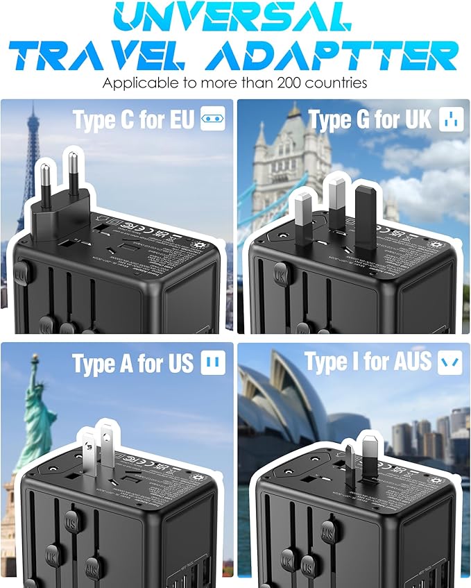 Universal Travel Adapter, 6.0A 30W 5 USB C/A Ports + AC Outlets International Power Adapter for All USB Devices, Type I C G A Plugs 110V 220V A/C, European Travel Plug Adapter for 200+ Countries