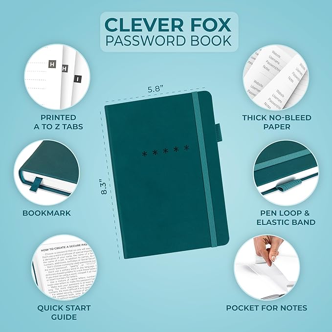 Clever Fox Password Book Medium – Internet Address & Password Journal Organizer – Computer & Website Log-In Keeper Notebook (Dark Teal)
