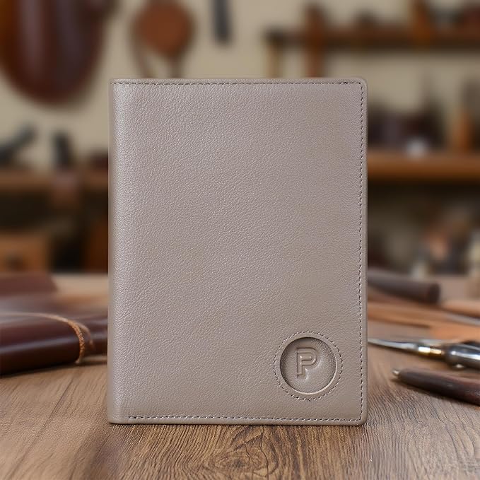 Polare Luxury RFID Blocking Leather Passport Holder Travel Wallet For Men and Women (Grey with AirTag Slot)