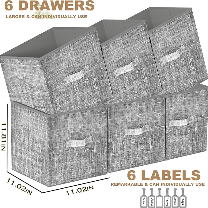 Cube Storage Organizer Shelf with 6 Printed Bins + Labels, Cubby Storage Organizer with Bins, Large Capacity Shelves for Storage,Closet, Living Room, Dorm, Yarn