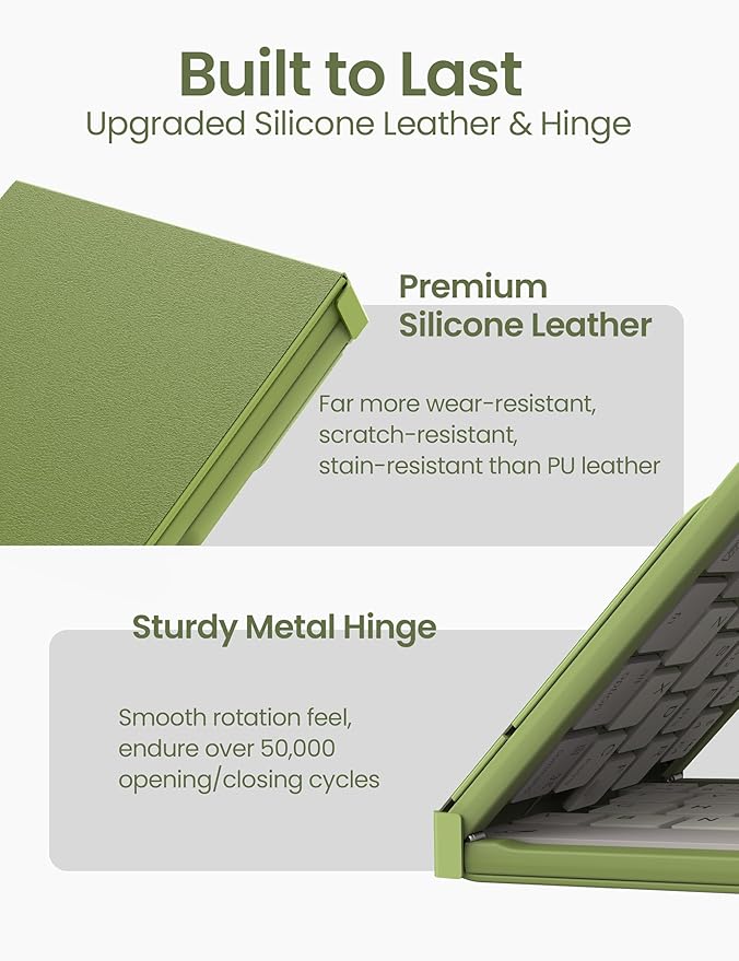 Nillkin Foldable Travel Keyboard with Touchpad & Number Pad, Bluetooth Wireless Portable Folding Full Size Keyboard with Trackpad for PC Laptop iPad Tablets Smartphone, Silicone Leather Cover, Green