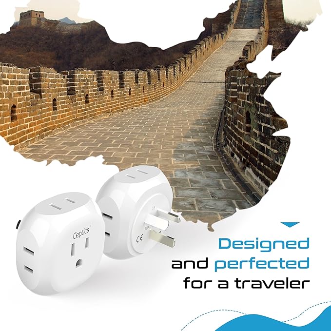 Ceptics Australia, New Zealand, China Travel Plug Adapter - 4 Input - Ultra Compact - Light Weight - USA to Any Type I Countries Such as New Zealand and More - 2 Pack (PT-16), White
