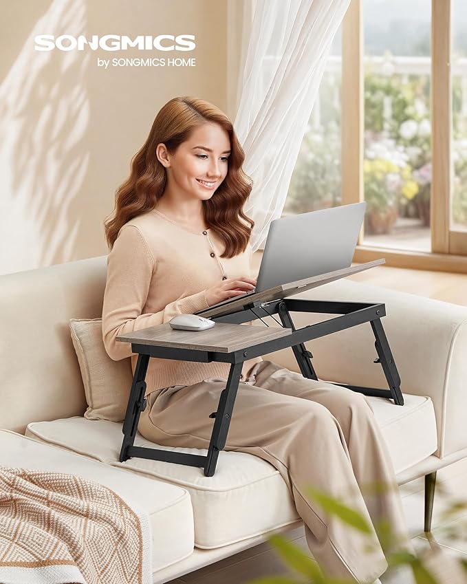SONGMICS Bed Laptop Desk, Folding Bed Tray for Laptop up to 15.6 Inches, Adjustable Angle and Height, Portable for Working Reading Writing Breakfast, Bamboo Legs, Drawer, Heather Greige ULLD105W01