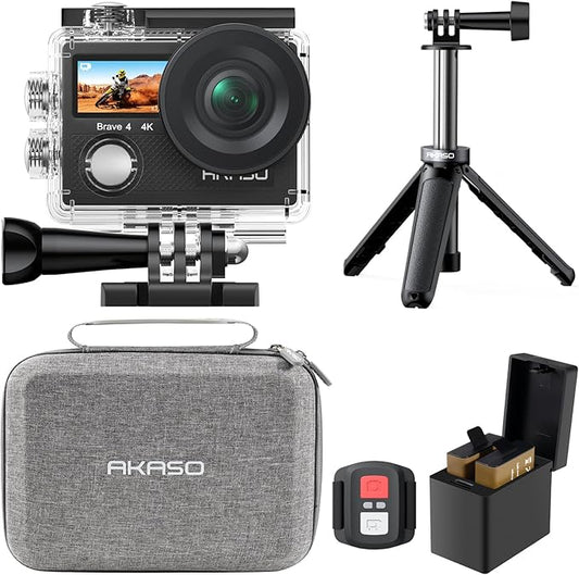 AKASO Brave 4 Action Camera with Selfie Stick Tripod and Carrying Case Bundle - 4K30 20MP Ultra Hd EIS 131ft Underwater Camera 5xZoom Dual Screen with Helmet and Bicycle Accessories Kit