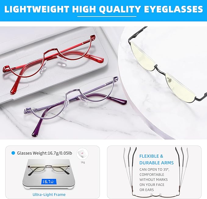 Half Lens Reading Glasses Blue Light Blocking, Half Moon Frame Semi Rim Spring Hinge Readers with Case for Men Women Black/Red/Purple 3 Pack +2.25