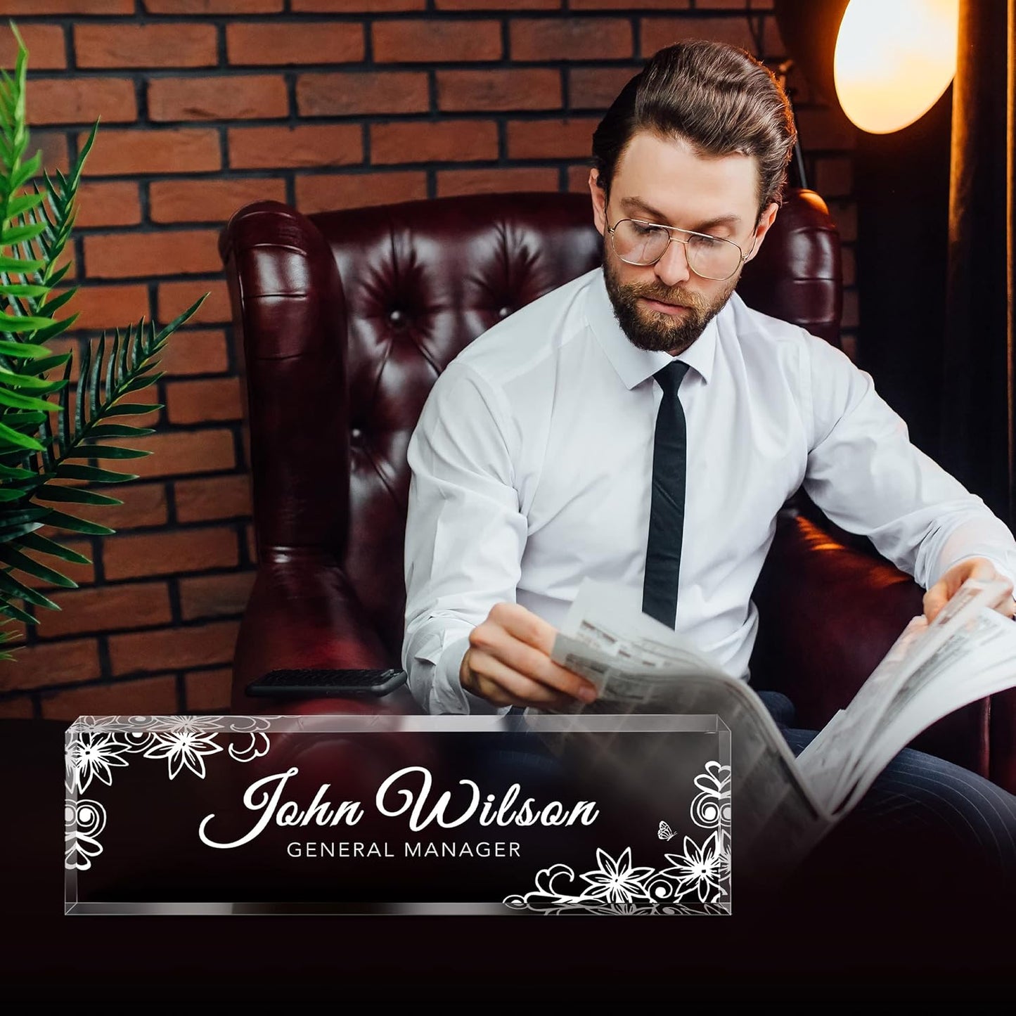 Name Plate for Desk, Premium Clear Plates Engraved Acrylic Desk Name Plate, Desk Name Plate Personalized, Custom Office Decor for Women or Men Coworkers, Boss, Employee, Teacher (Engraved 3)