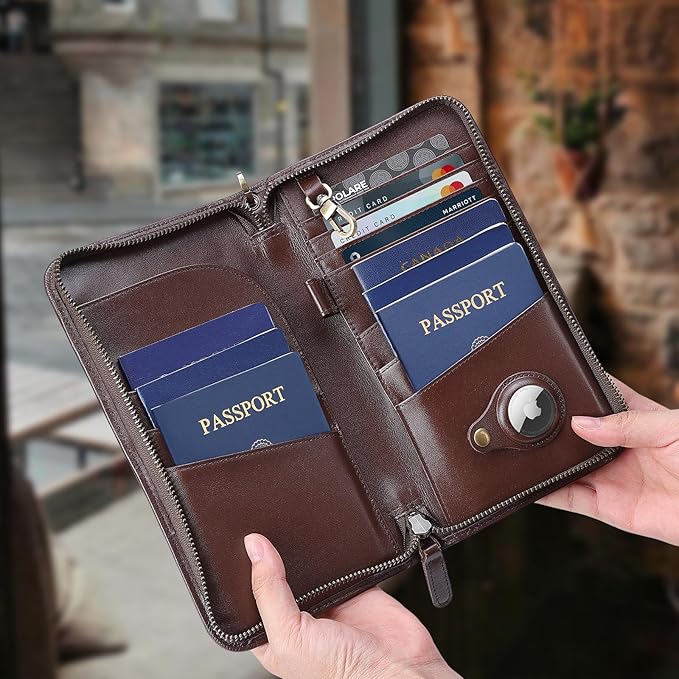 Polare Full Grain Leather Family Travel Passport Wallet and Documents Organizer RFID Blocking Case Holder Fits 6 Passports for Men and Women