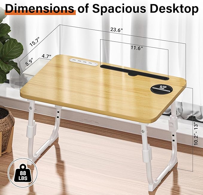 Laptop Bed Desk Height Adjustable, Bed Laptop Table with USB/Storage Drawer/Cup Holder/Tablet Stand/Book Shelf, Foldable Breakfast Tray Portable for Reading Writing, Bed, Sofa & Floor, Wood