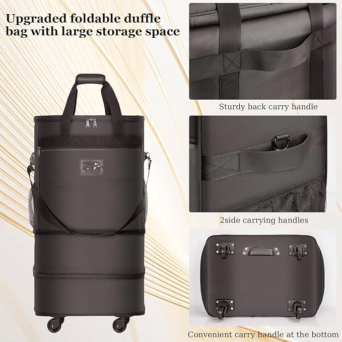 Suitcases with Wheels Expandable Luggage Bag Foldable Suitcase with 4 Universal Wheels Collapsible Rolling Travel Case Large Capacity Duffel Bag (Coffee)