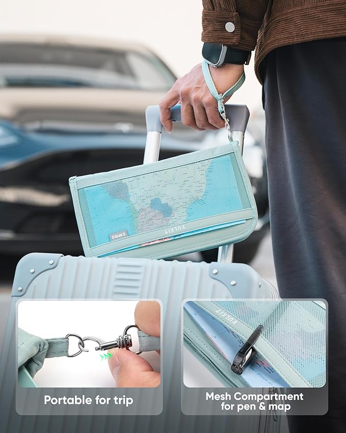 VULKIT Passport Wallet Passport Family Holder RFID Blocking Travel Card Organizer with Wrist Strap for Men or Women(Green)