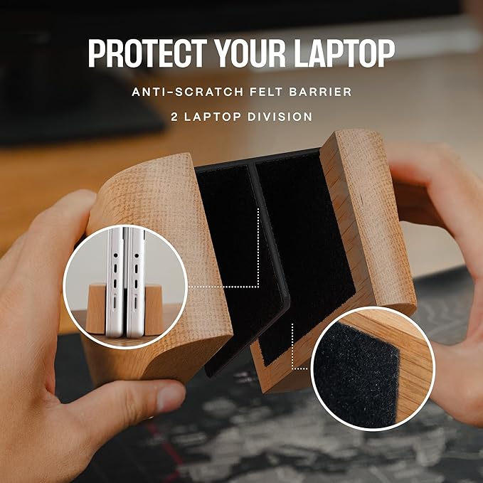 Adjustable Dual Vertical Laptop Stand for Desk, Wooden Laptop Holder, MacBook Pro Stand, Wood Mac Air Dock