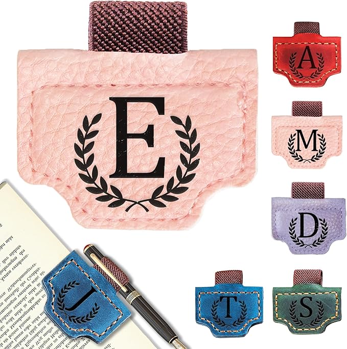 Personalized Bygone Mark Bookmark with Pen Holder, Leather Magnetic Bookmark 26 Letters Name Initial Bookmarks for Readers, Book Lover Gifts for Women Men Notebook Accessories (Pink, E)