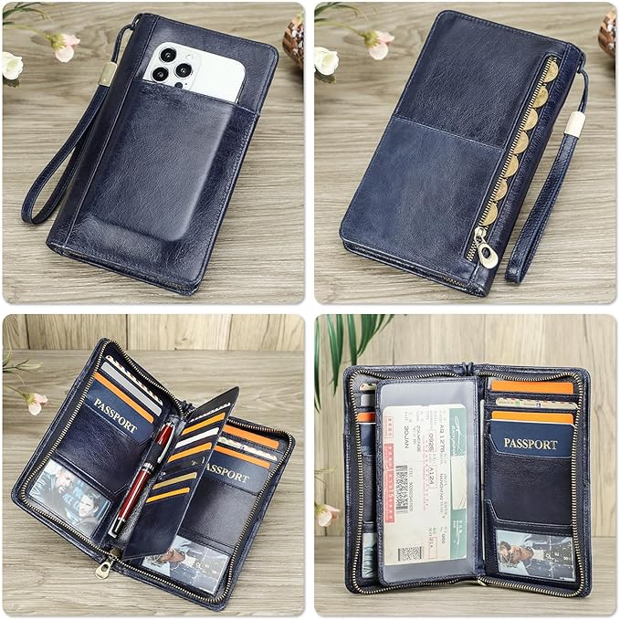 Top Grain Leather Customizable Travel Passport Wallet Holder for Man & Woman, Handmade for 4 Passports & Multi Cards, RFID Blocking Large Capacity for Cards/Passports/Tickets