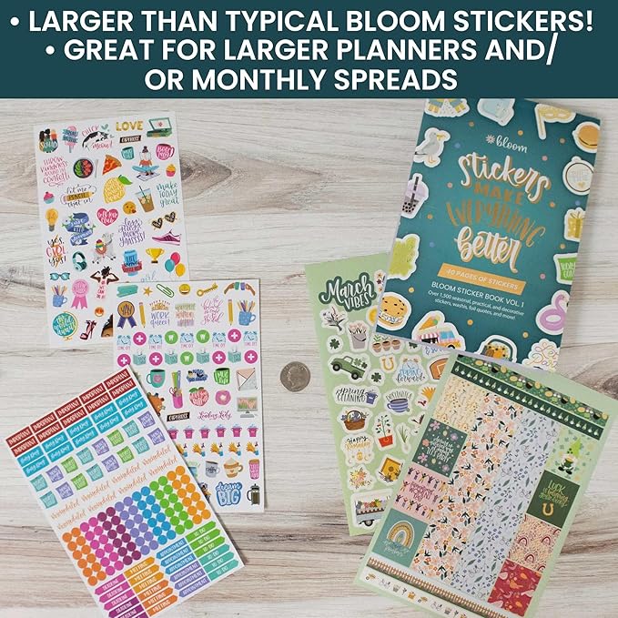bloom daily planners 40 Page Mega Planner Sticker Pack (1500+ Stickers) - 6” x 9” Bound Ultimate Variety Sticker Book with Foil - Seasons, Celebrations, Holidays, Food, Travel, Quotes & More - Vol. 1