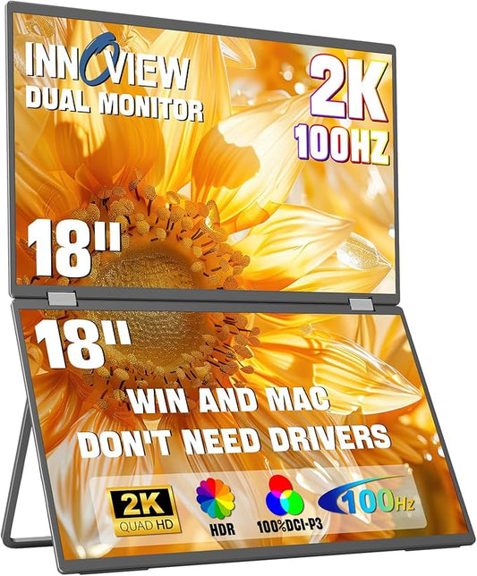 InnoView 18" 2K 100Hz Dual Portable Monitor 100% DCI-P3 Dual Monitor 315°Adjustable Screen Extender for Windows Mac Laptop with Speakers Type-C HDMI DP Foldable 2560x1600 Monitors (No Driver Needed)
