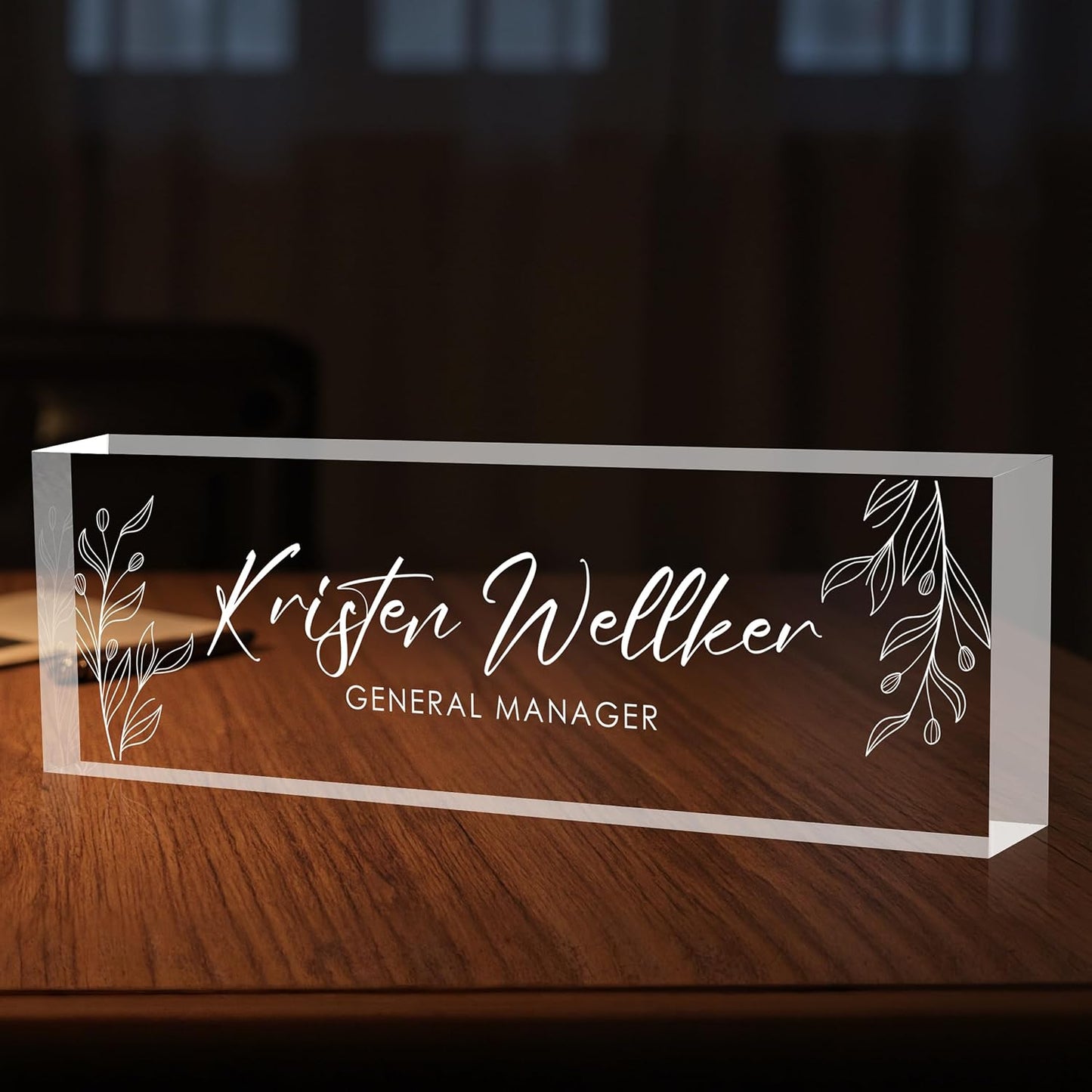 Custom Office Name Plate for Desk, Desk Name Plate Personalized, Personalized Gifts for Women, Appreciation Gifts for Employee Coworkers Boss Teacher, Office Accessories (Engrave Leaves)