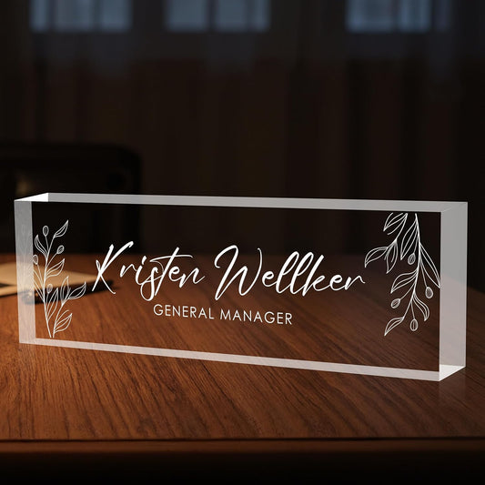 Custom Office Name Plate for Desk, Desk Name Plate Personalized, Personalized Gifts for Women, Appreciation Gifts for Employee Coworkers Boss Teacher, Office Accessories (Engrave Leaves)