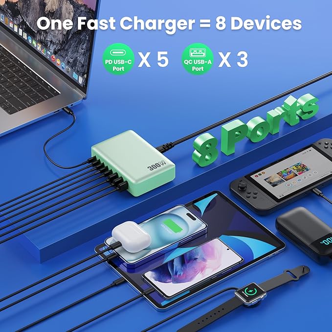 USB C Charger 300W USB C Charger Block, 8-Ports GaN IV Fast Charging Station Hub,PD 100W Laptop Charger Adapter,for MacBook Pro/Air/iPad/iPhone16/15/14/Apple Watch/DELL/Samsung for Home Office