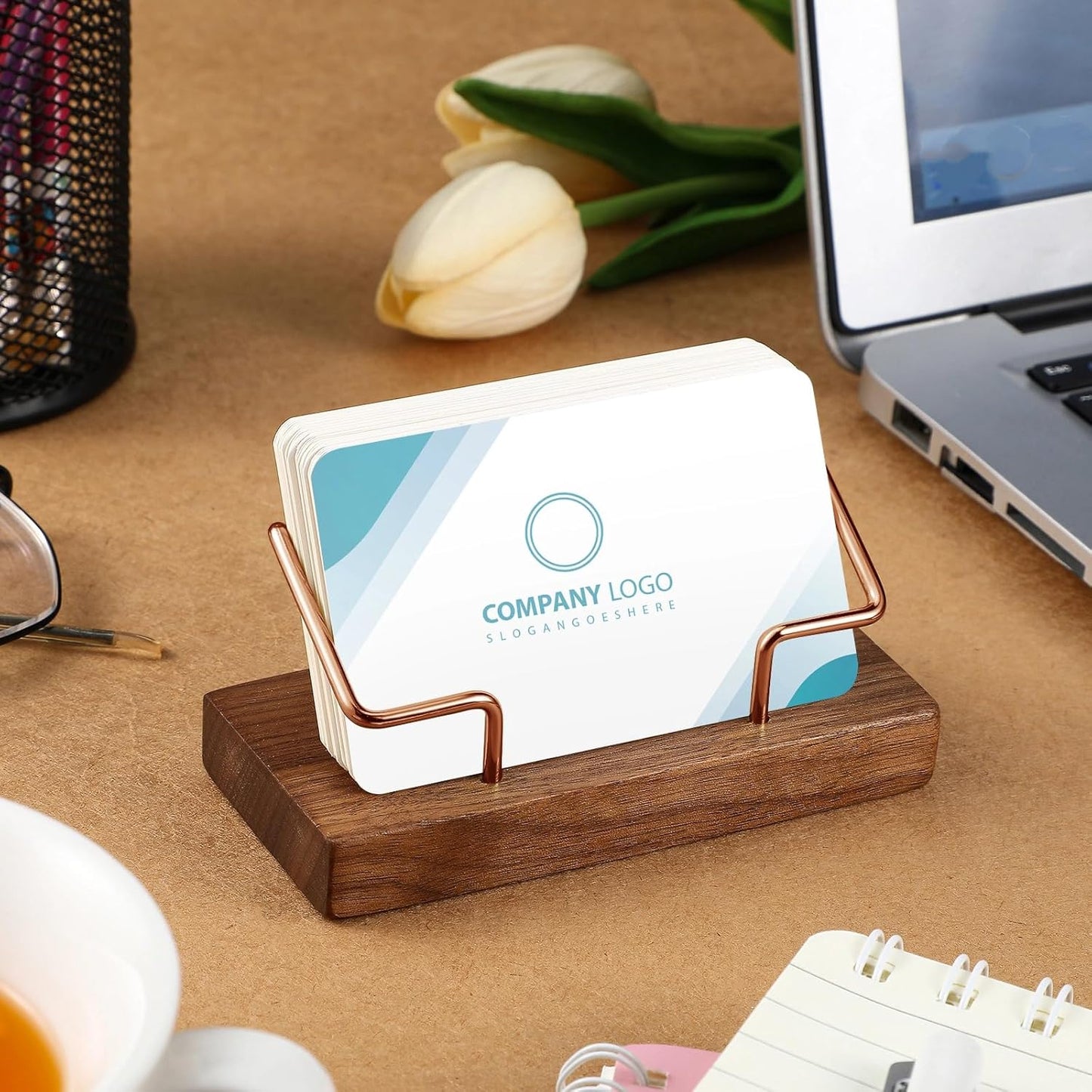 Amyhill 2 Pieces Wood Business Card Holder for Desk Wooden Business Card Display Stand Postcard Holder for Office Home Desktop (Wood Color, Rose Gold)