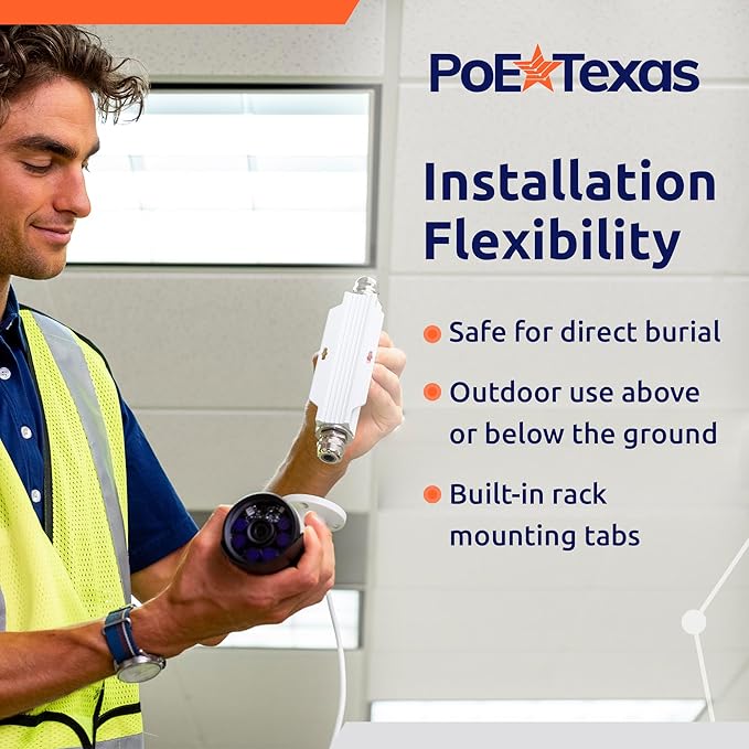 PoE Texas Outdoor PoE Extender - IP67 Waterproof Direct Burial Repeater - High-Speed Ethernet Booster Extends Power Gigabit Data Range up to 660' - IEEE 802.3bt/at/af Compliant for IP Cameras, VoIP
