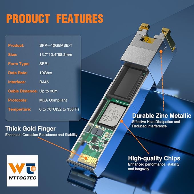 10G SFP+ to RJ-45 Transceiver, 1.25/2.5/5/10G-T Copper SFP+ CAT6a Module, Auto-Negotiation, Up to 30m, for Cisco SFP-10G-T-S, Meraki, TP-Link, Mikrotik, Netgear and More