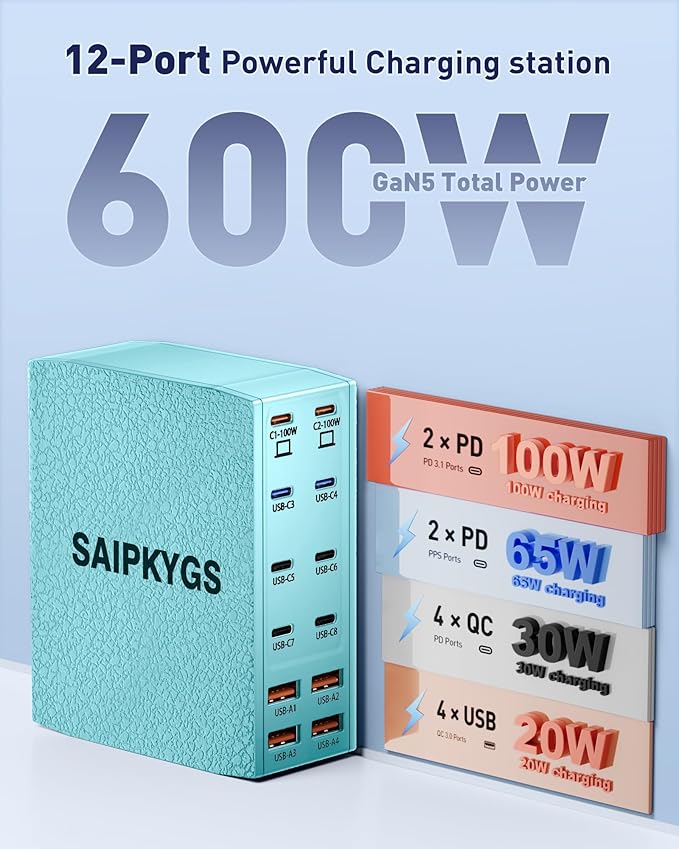 Charging Station (600W),12-Port USB C Charger Block with Dual 100W PD USB-C Fast Charging Station Hub for MacBook Pro/Air/All iPad Phone 17/16 15/14/13/Pro Max/Samsung Galaxy Note(Green)