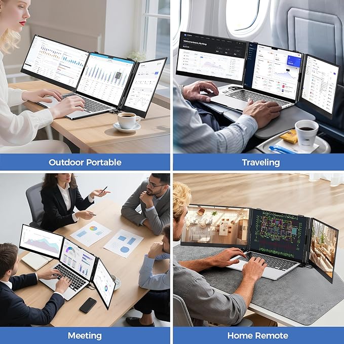 Redalf 14” Triple Laptop Screen Extender,Ultra-Thin & Lightweight (2.2lb) Portable 1080P FHD IPS Monitor, Plug & Play USB-C/HDMI, Fits 13–17.3” Laptops for Mac/Windows/Chrome