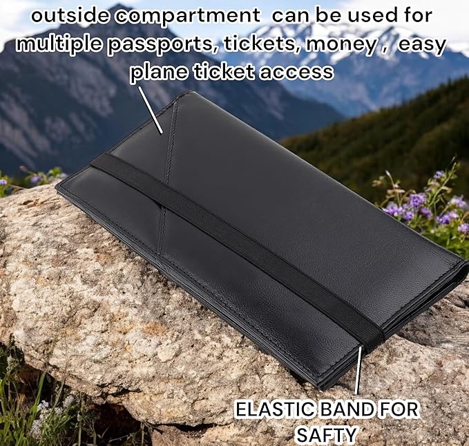 Passport Wallet - Travel Document Holder w/RFID Blocking – Full Grain Leather – Bifold big Wallet with Credit Card Slots for Women and Men,Black,FL-522-10