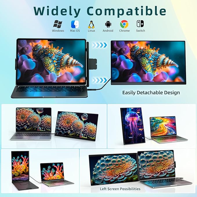 Laptop Screen Extender Dual Monitor - 15.6" Portable Monitor 85% NTSC IPS 1080P FHD Detachable Screen Extended Extra USB-C/HDMI Port Compatible with Wins Mac Dex Chrome Fits 13"-17" Laptops