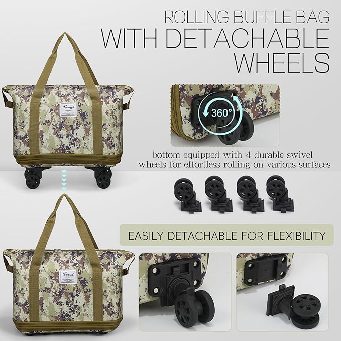 VOOWO Duffel Bag with Wheels - Rolling Foldable Expandable Duffle Bag with Wheels for Travel, Rolling Luggage Carry On Bag with Wheels, Large Rolling Backpack Weekend Bags for Men Women (Camouflage)