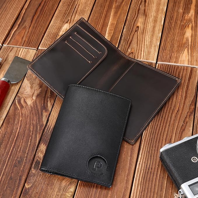 Polare Slim RFID Blocking Leather Passport Holder Travel Bifold Wallet For Men (Black with AirTag Holder)