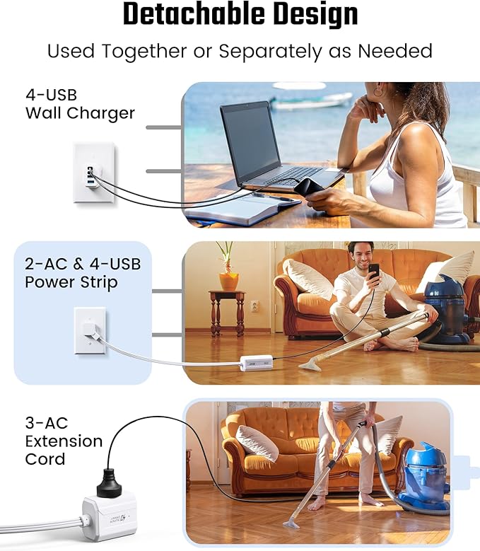 SUPERDANNY Detachable Travel Power Strip,45W USB Fast Charge,2 USB-C & 2 USB-A with 3 Outlet Flat Plug Extension Cord 10ft,Portable Charger for Travel Essentials for Travel Cruise Home, White